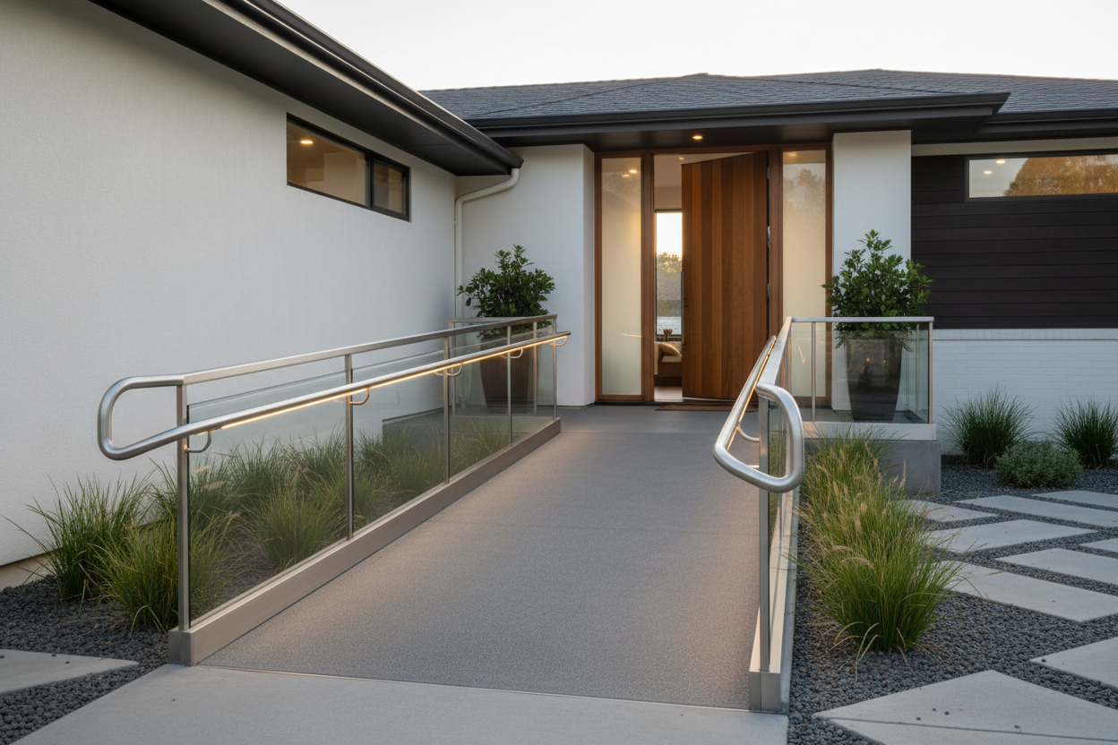 Wheelchair access ramp at residential home entrance