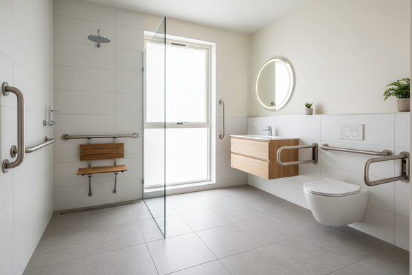 Accessible bathroom with walk-in shower and safety features